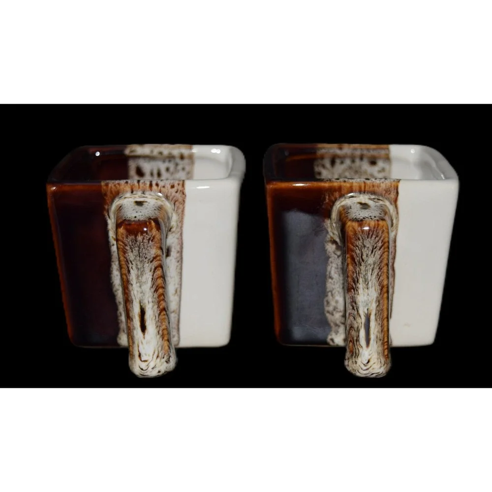 Vintage Pier 1 Tri Color Square Espresso Mugs Set of 2 Brown White Stoneware